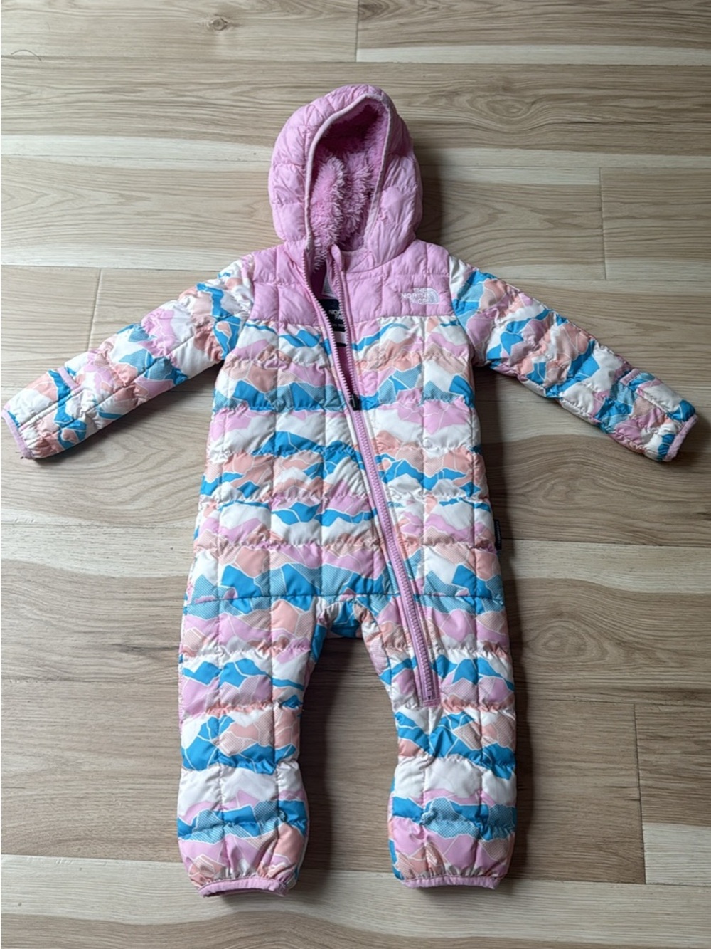 The North Face Pink, Blue & White Quilted Hooded Kids One-Piece
